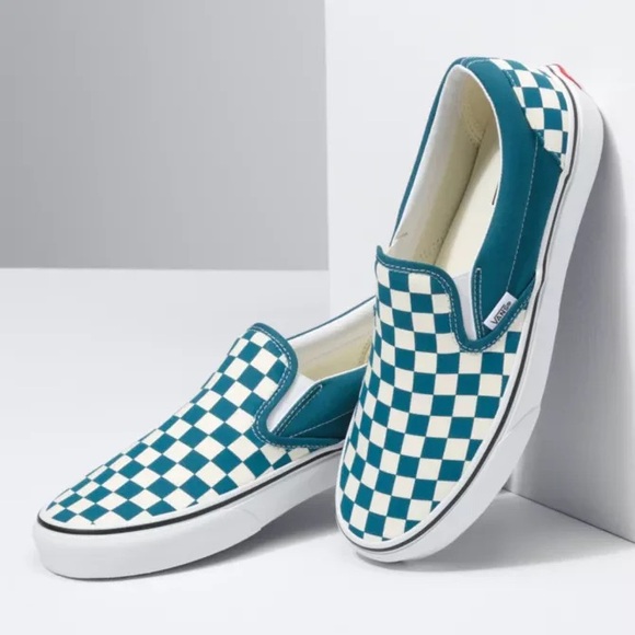 VANS Classic Slip On Checkerboard Skate Shoes, Blue Coral/True White - Picture 2 of 8